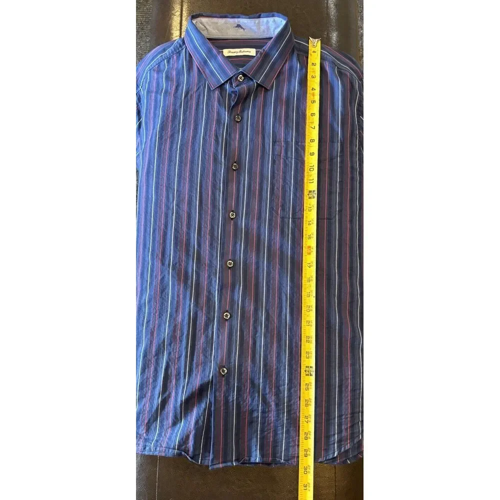Tommy Bahama‎ Men's Sz XL Long Sleeve Button Down Blue Strips Silk Blend